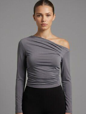NWT | Gray Ruched Long Sleeve One Shoulder Crop Top Asymmetrical | XSmall